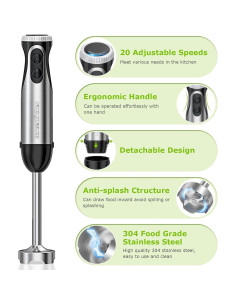 Batidora de Inmersión Bonsenkitchen 500W 20 Velocidades 2 en 1 2