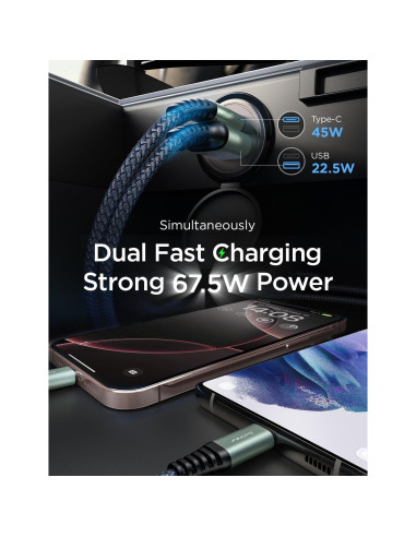 Cargador de Coche USB C AINOPE 67.5W Carga Rápida Metal