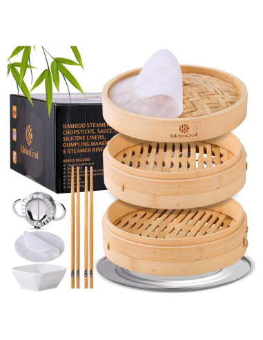 Cesta de Vapor de Bambú KitchenCrust 25.4 cm 2 Niveles