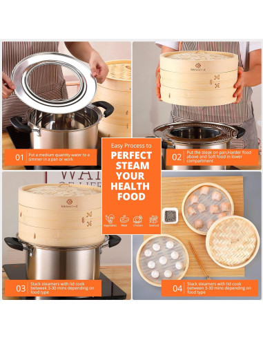 Cesta de Vapor de Bambú KitchenCrust 25.4 cm 2 Niveles
