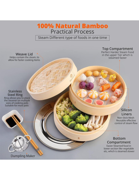 Cesta de Vapor de Bambú KitchenCrust 25.4 cm 2 Niveles