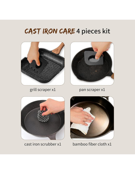 Kit de limpieza de hierro fundido Herda 4 piezas - Fregador y raspadores