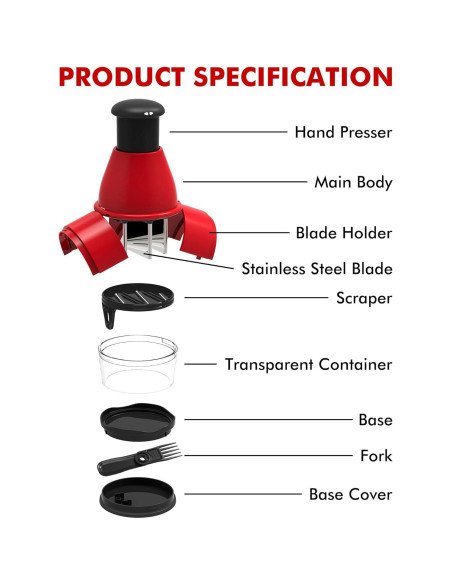 Picador Manual de Alimentos Geedel PS-358B, Rojo, Sin BPA