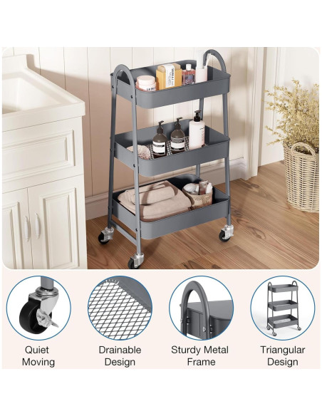 Carro Rodante de Almacenamiento OLIXIS 3 Niveles Metal Gris