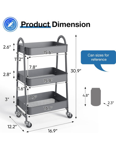 Carro Rodante de Almacenamiento OLIXIS 3 Niveles Metal Gris
