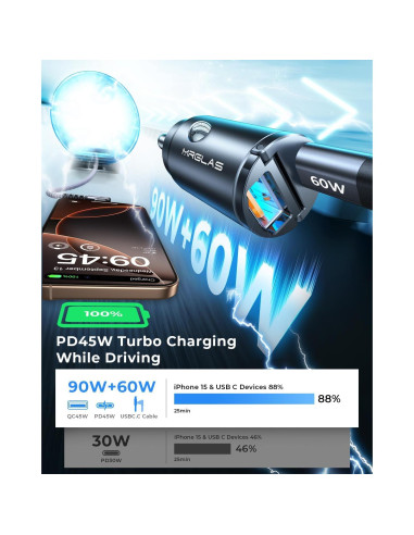 Cargador de coche MRGLAS 90W USB C Rápido con Cable 1m