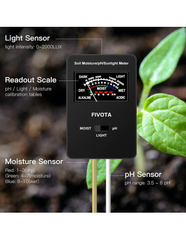 Medidor de pH del Suelo Fivota FV03 con Pantalla Grande 3 en 1