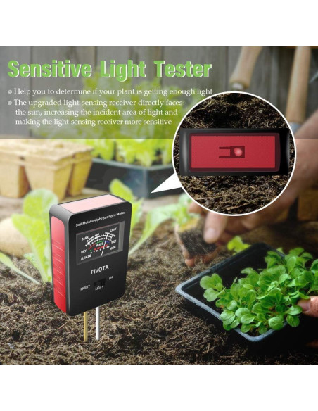 Medidor de pH del Suelo Fivota FV03 con Pantalla Grande 3 en 1