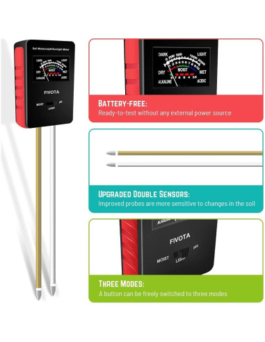 Medidor de pH del Suelo Fivota FV03 con Pantalla Grande 3 en 1
