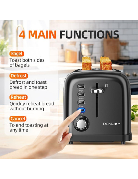Tostadora 2 Rebanadas RAMJOY Negra Acero Inoxidable 900W