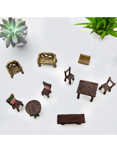 Juego de Mesa y Sillas en Miniatura PIVNASY - 10 Piezas Jardín de Hadas