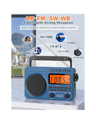 Radio Digital AM FM Portátil Jimeng 4000mAh con NOAA y MP3
