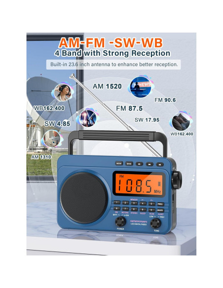 Radio Digital AM FM Portátil Jimeng 4000mAh con NOAA y MP3