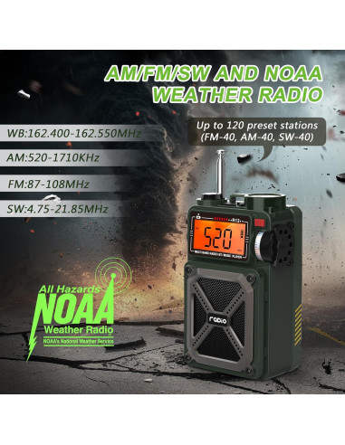 Radio Portátil Greadio R12 AM FM NOAA Bluetooth 5.4 Carga Solar
