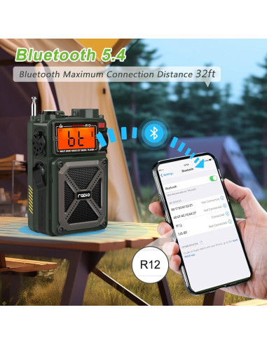 Radio Portátil Greadio R12 AM FM NOAA Bluetooth 5.4 Carga Solar