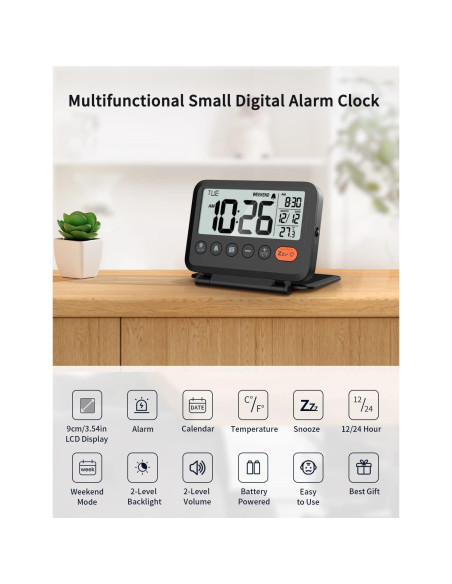 Reloj Despertador Digital de Viaje MeesMeek Negro LCD 3.54"