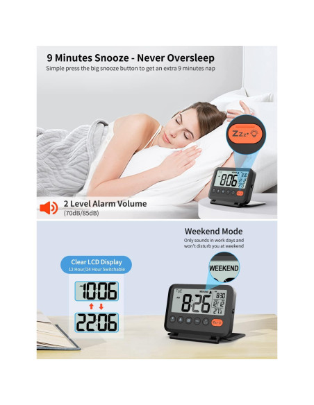 Reloj Despertador Digital de Viaje MeesMeek Negro LCD 3.54"