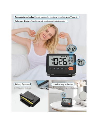 Reloj Despertador Digital de Viaje MeesMeek Negro LCD 3.54"