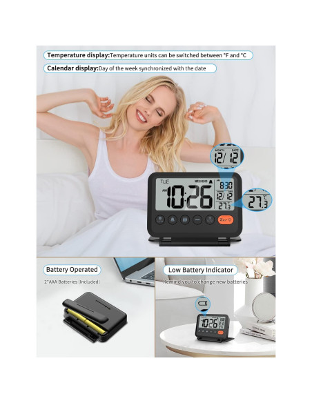 Reloj Despertador Digital de Viaje MeesMeek Negro LCD 3.54"