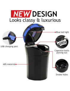 Cenicero de Auto TAKAVU 2022 Acero Inoxidable con Luz LED Azul 2