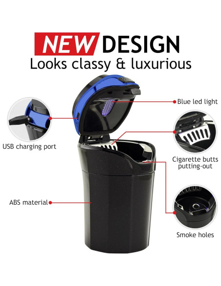 Cenicero de Auto TAKAVU 2022 Acero Inoxidable con Luz LED Azul