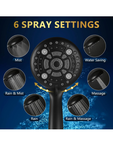 Cabezal de Ducha de Mano DAKINGS 6 Modos Alta Presión Negro