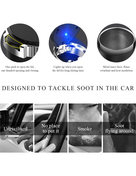 Cenicero de coche Ohleats con tapa y luz LED azul