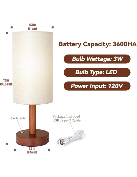 Lámpara de Mesa Inalámbrica LALISU con Base de Madera 43cm