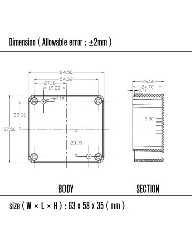 Caja de Proyecto IP65 LeMotech ABS Negra 63x58x35mm