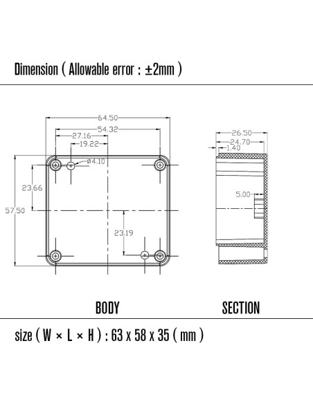 Caja de Proyecto IP65 LeMotech ABS Negra 63x58x35mm Caja de Proyecto IP65 LeMotech ABS Negra 63x58x35mm