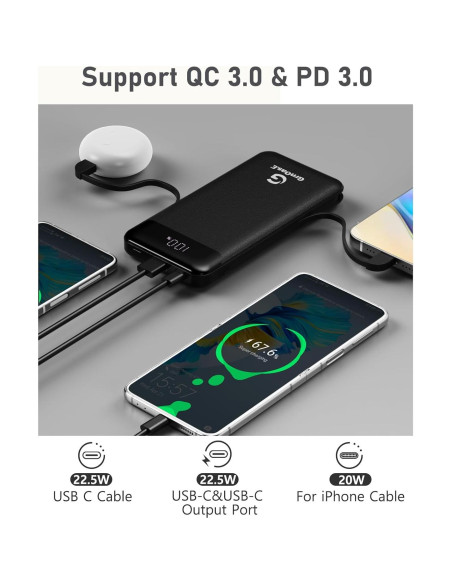 Cargador Portátil GrnOas.E 10000mAh 22.5W Carga Rápida con Cables