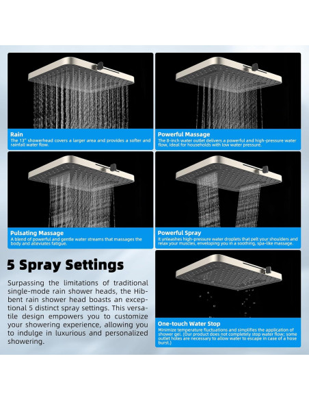 Cabezal de Ducha Hibbent 13'' Lluvia Alta Presión 5 Modos