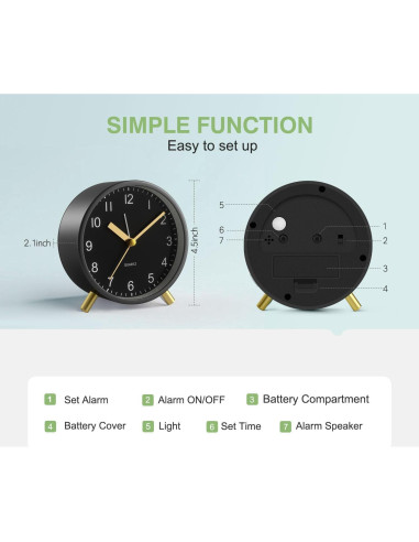 Reloj Despertador Analógico YouJabz Metal Negro Silencioso
