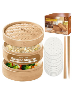 Cesta de vapor de bambú 2 niveles 25.4 cm con tapa y accesorios