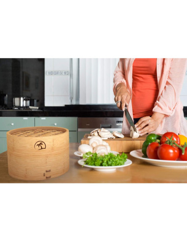 Cesta de vapor de bambú 2 niveles 25.4 cm con tapa y accesorios