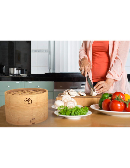 Cesta de vapor de bambú 2 niveles 25.4 cm con tapa y accesorios