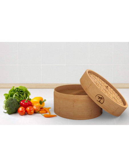 Cesta de vapor de bambú 2 niveles 25.4 cm con tapa y accesorios