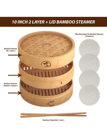 Cesta de vapor de bambú 2 niveles 25.4 cm con tapa y accesorios