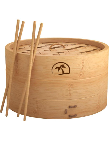 Cesta de vapor de bambú 2 niveles 25.4 cm con tapa y accesorios