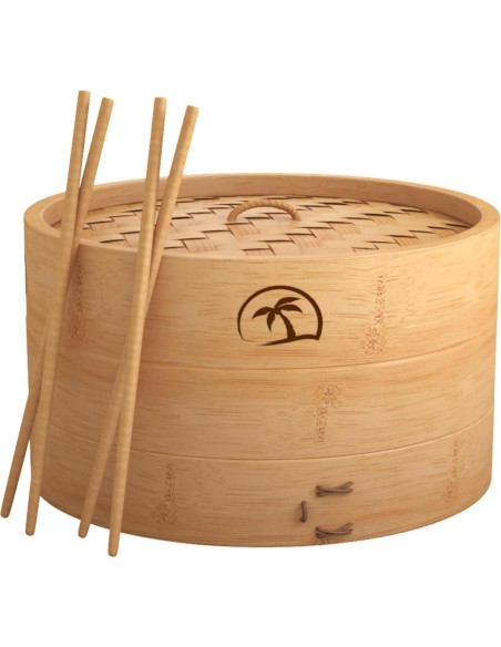 Cesta de vapor de bambú 2 niveles 25.4 cm con tapa y accesorios