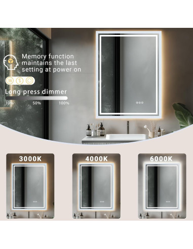 Espejo de baño LED AFMMFA 60.96x81.28 cm con anti-vaho