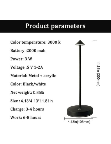 2 Lámparas Inalámbricas Eypid Recargables Minimalistas Negro