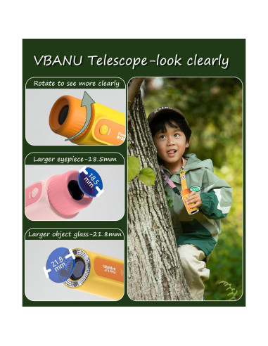 Telescopio Monocular Infantil VBANU Rosa 8X Zoom con Linterna LED