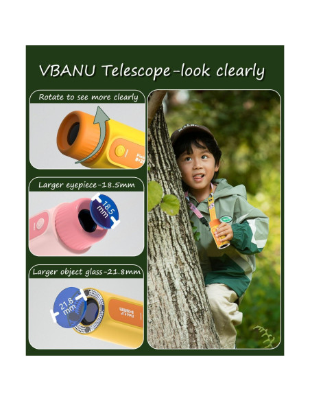 Telescopio Monocular Infantil VBANU Rosa 8X Zoom con Linterna LED