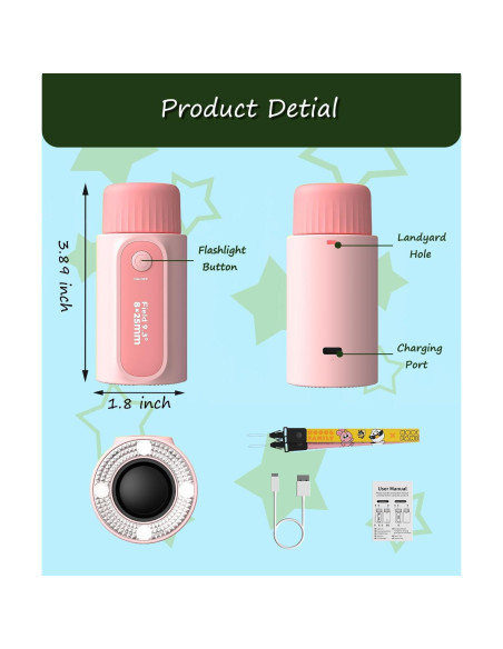 Telescopio Monocular Infantil VBANU Rosa 8X Zoom con Linterna LED