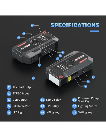 Compresor de Aire LEEPEE TM16K 12V 3000A con Linterna LED
