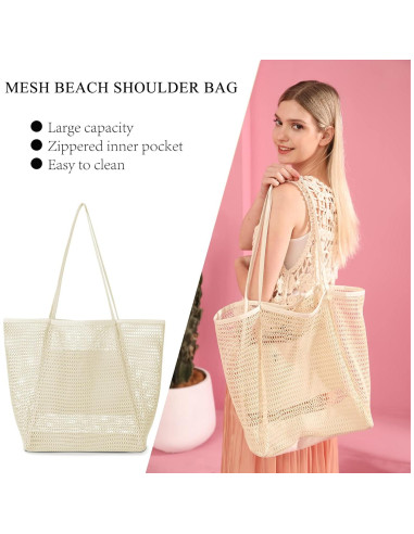 Bolsa de Playa de Malla Grande Iioscre 45.7x35.6cm Beige