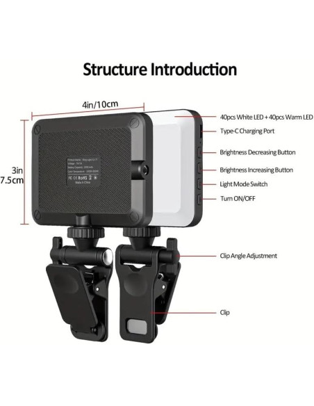Luz de Selfie Recargable SHEGINEL con Clip para Teléfono - 3 Modos de Luz Ajustable