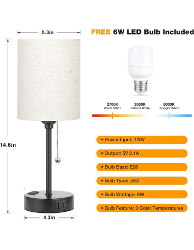 Lámpara de Mesita Dicoool 37.1cm 3 Modos de Color USB