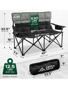 Silla de Camping Doble ZENTA GEAR Plegable 240 kg Acolchada 2